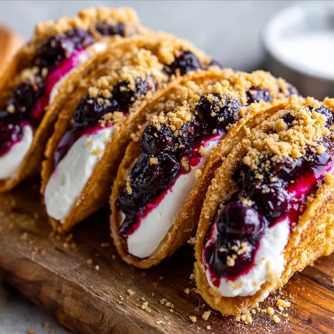 A taco shell filled with blueberry cheesecake.