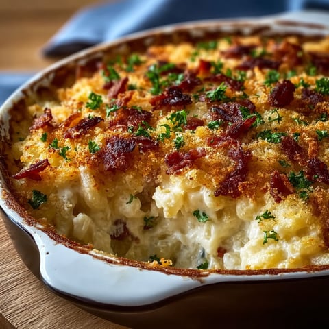 A casserole dish with bacon and cheese.