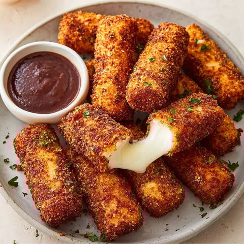 A plate of crispy Nashville hot mozzarella sticks.