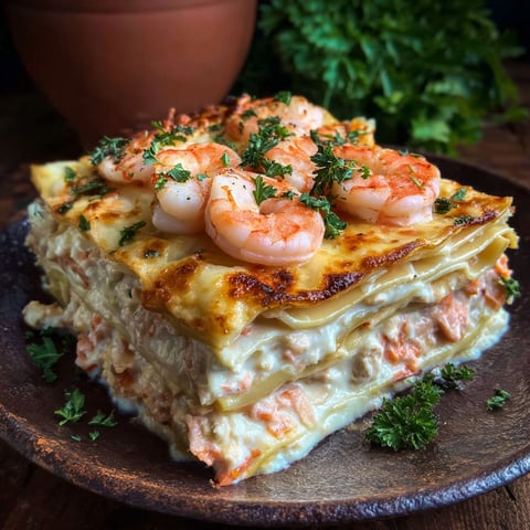 A seafood lasagna with shrimp and crab.