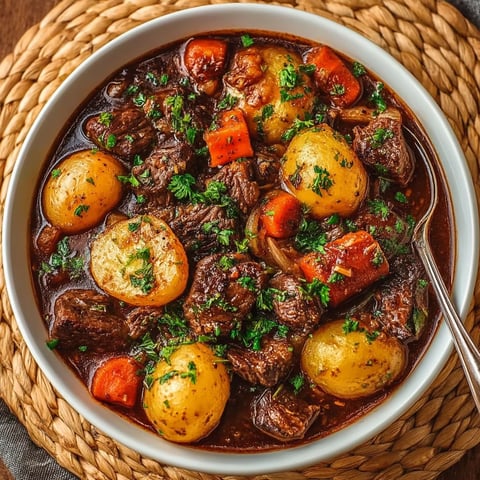 A bowl of beef stew with potatoes and carrots.