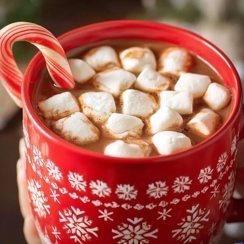 A red cup of hot chocolate with marshmallows in it.