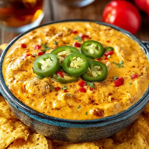A bowl of smoked queso dip with jalapenos on top.