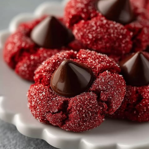 A plate of red velvet cookies with chocolate drizzled on top.
