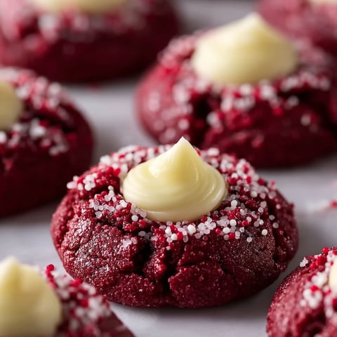Red velvet thumbprint cookies with white frosting.