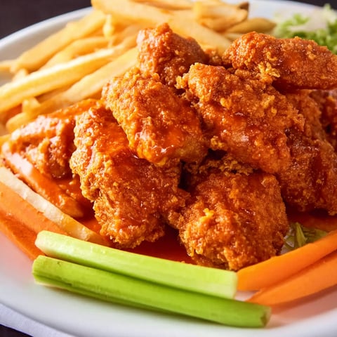 A plate of boneless chicken wings with fries.