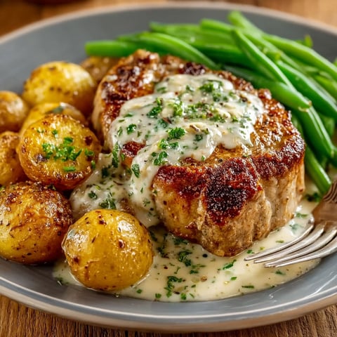 A plate of pork chops with potatoes and green beans.