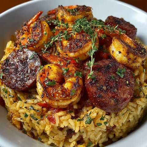 A bowl of jambalaya with shrimp, rice, and herbs.