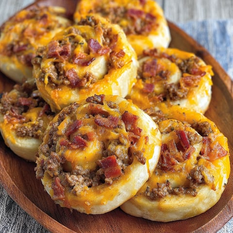 Bacon cheeseburger pinwheels on a wooden platter.