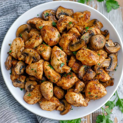 A bowl of Cajun Chicken Mushroom Bites.