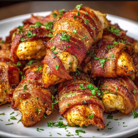 Bacon Wrapped Chicken Tenders on a plate.