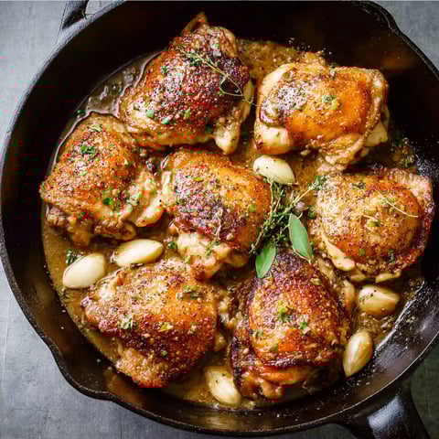 A pan of chicken with garlic and herbs.