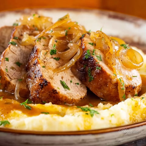 A plate of pork tenderloin with onions and herbs.