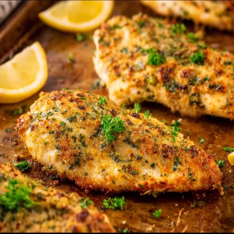 Baked garlic parmesan chicken with lemon wedges.