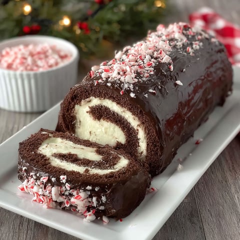 A peppermint ganache swiss roll cake.