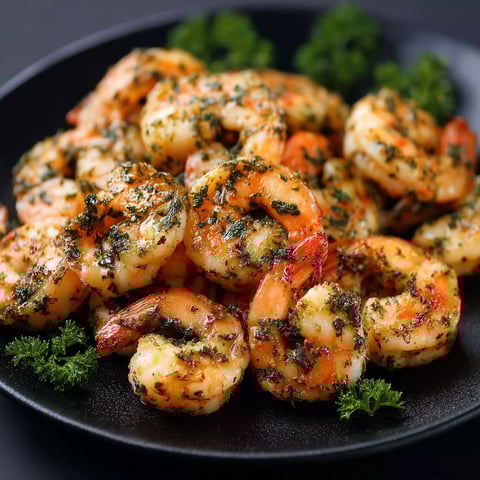 A plate of shrimp with garlic herb.