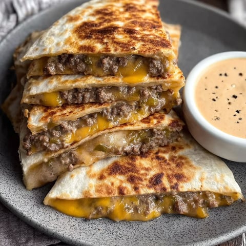 A plate of cheeseburger quesadillas with a dipping sauce.