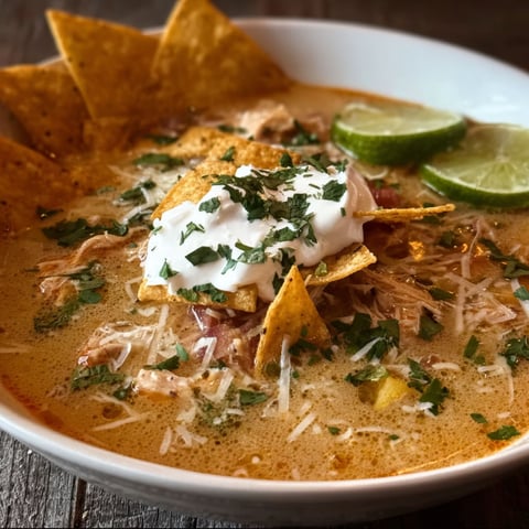 A bowl of chicken tortilla soup with a side of chips.