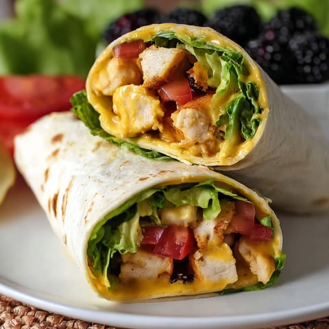 A plate with two wraps filled with chicken and vegetables.