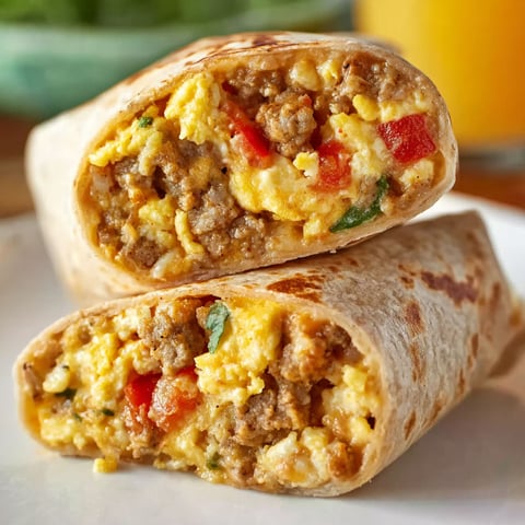 Two breakfast burritos with meat and vegetables.