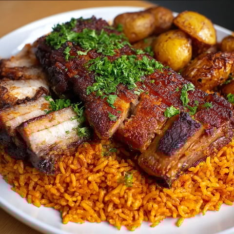 A plate of Puerto Rican roast pork with rice and potatoes.