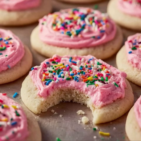 A pink frosted cookie with a bite taken out of it.