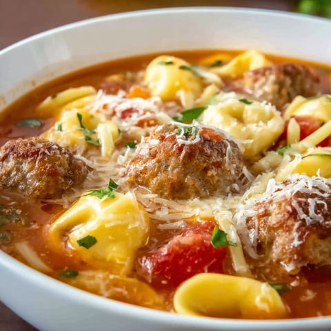 A bowl of meatball and tortellini soup.