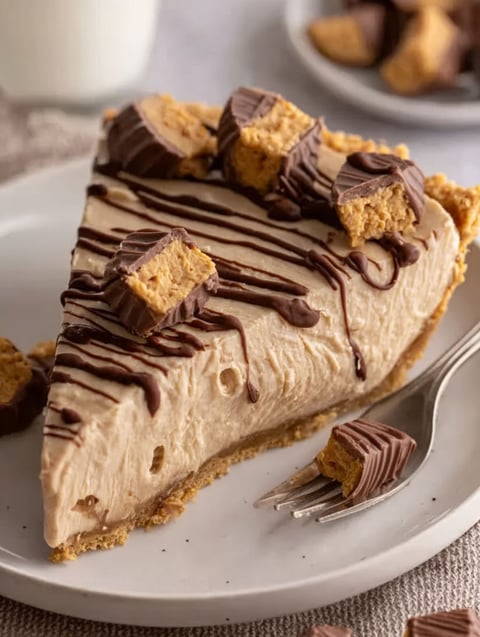 A slice of pie with chocolate drizzled on top.