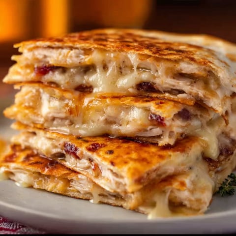 A stack of sandwiches with cheese and bacon.