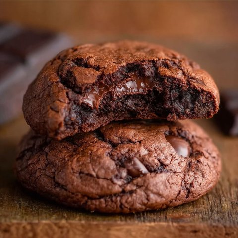 Two chocolate cookies with chocolate drizzle.
